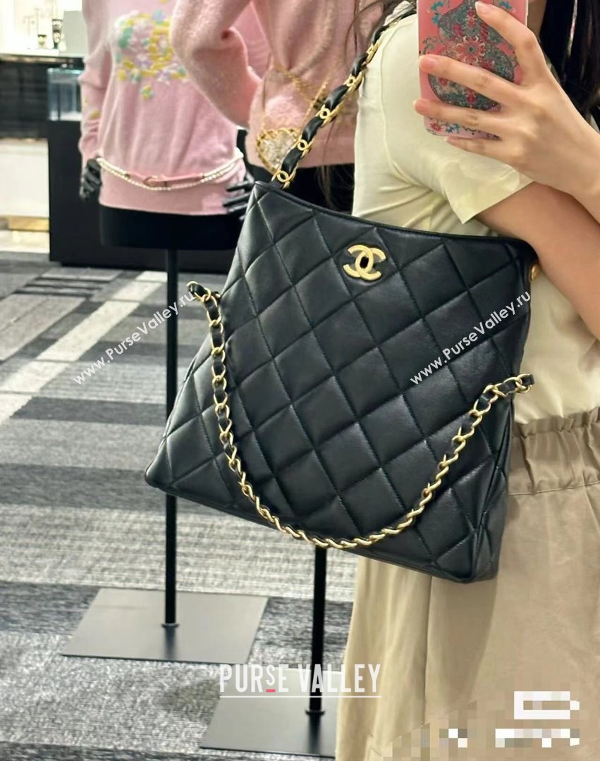 Chanel Folded Leather Maxi Hobo Bag Black 2024 (YEZI-24032203)