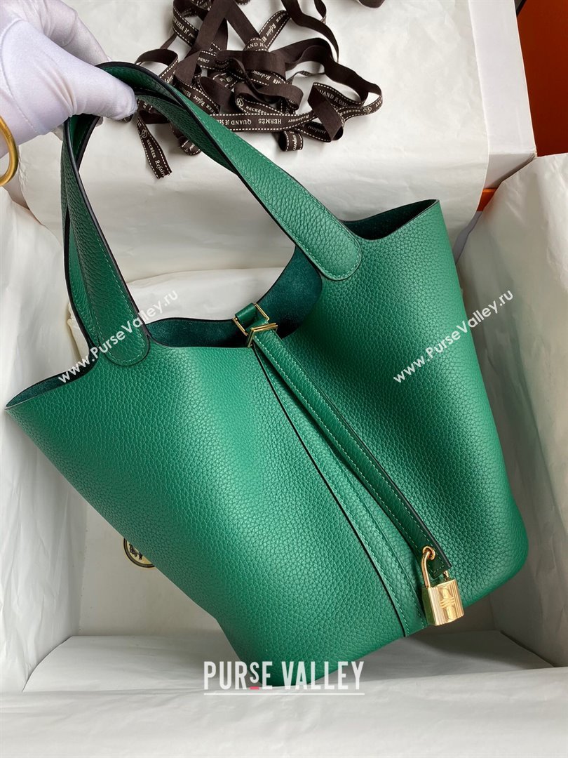 Hermes Picotin Lock Bag 18cm/22cm in Taurillon Clemence Leather Velvet Green/Gold 2023 (Handmade) (M-23110708)