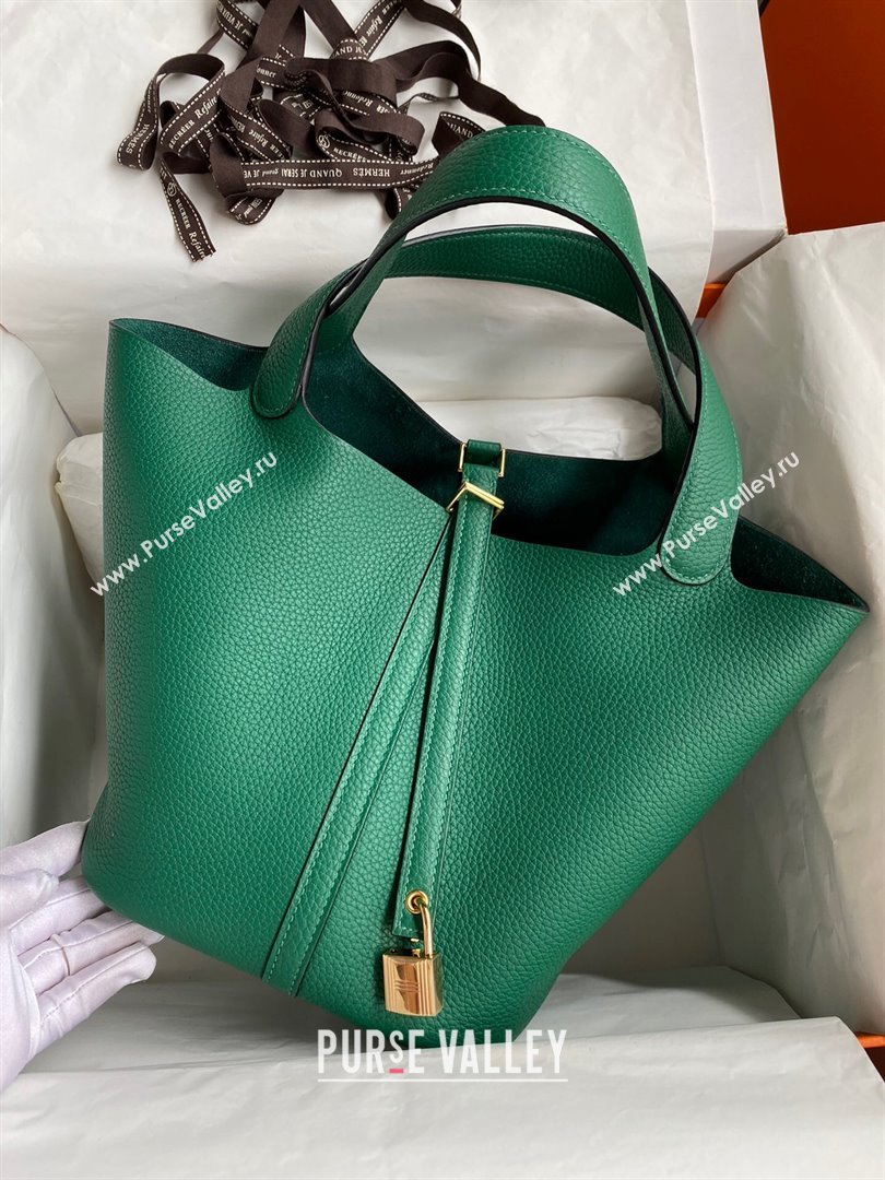 Hermes Picotin Lock Bag 18cm/22cm in Taurillon Clemence Leather Velvet Green/Gold 2023 (Handmade) (M-23110708)