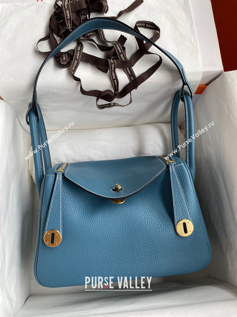 Hermes Lindy 26/30 Bag in Original Taurillon Clemence Leather Denim Blue/Gold 2024(Full Handmade) (XYA-24051507)
