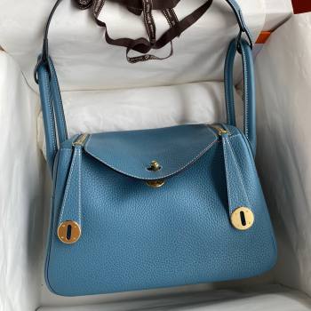 Hermes Lindy 26/30 Bag in Original Taurillon Clemence Leather Denim Blue/Gold 2024(Full Handmade) (XYA-24051507)