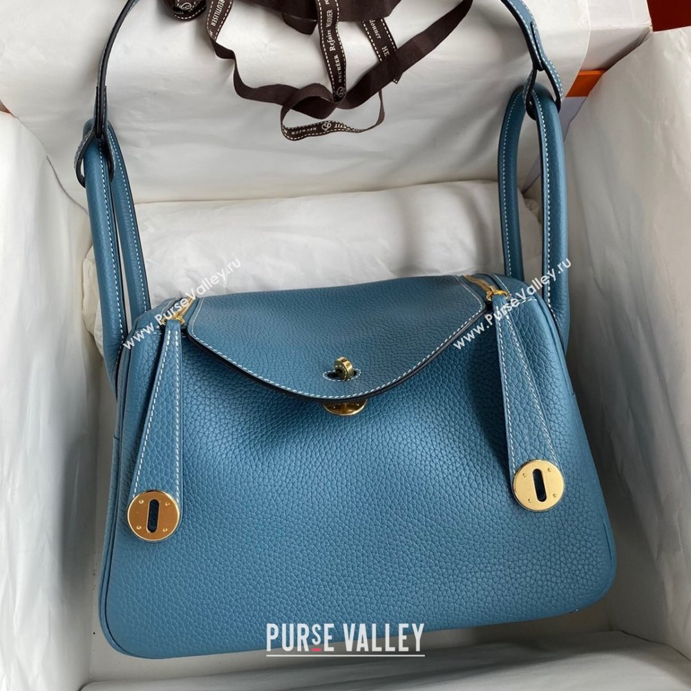 Hermes Lindy 26/30 Bag in Original Taurillon Clemence Leather Denim Blue/Gold 2024(Full Handmade) (XYA-24051507)