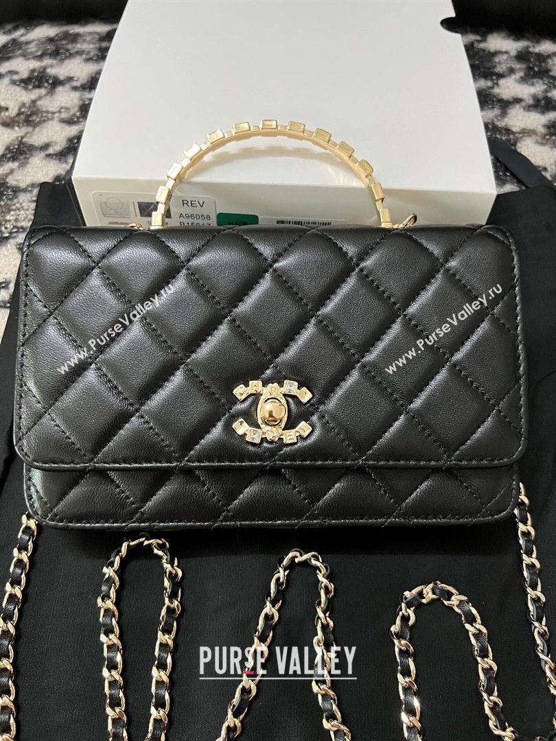 Chanel Quilted Leather Wallet on Chain WOC with Crystals Handle Black 2024 (YEZI-24032206)