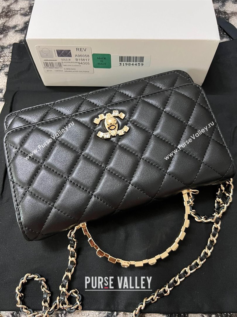 Chanel Quilted Leather Wallet on Chain WOC with Crystals Handle Black 2024 (YEZI-24032206)