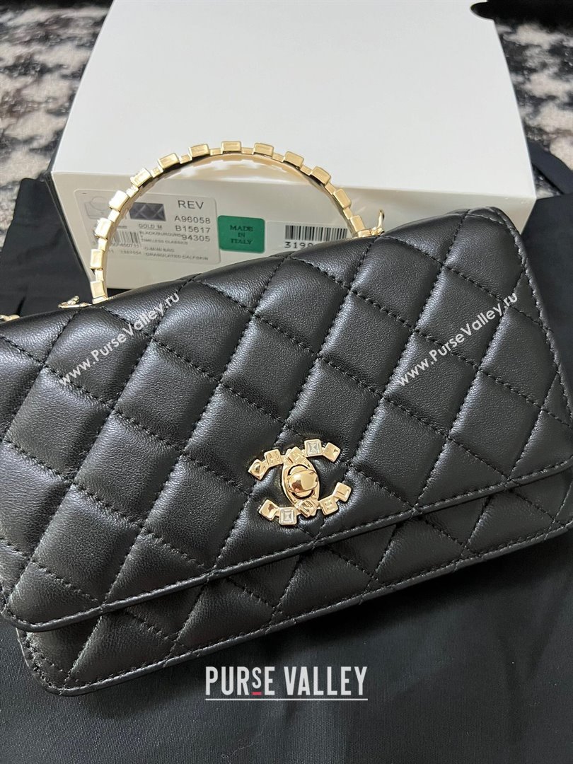 Chanel Quilted Leather Wallet on Chain WOC with Crystals Handle Black 2024 (YEZI-24032206)