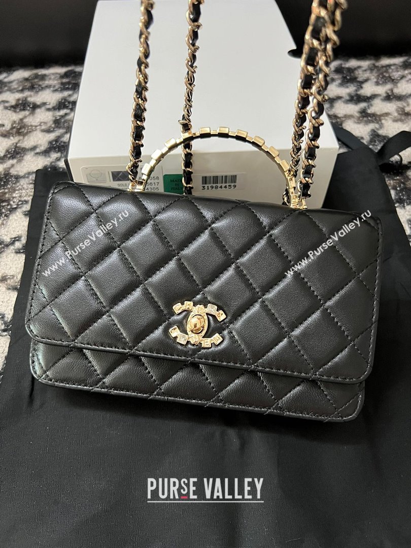 Chanel Quilted Leather Wallet on Chain WOC with Crystals Handle Black 2024 (YEZI-24032206)