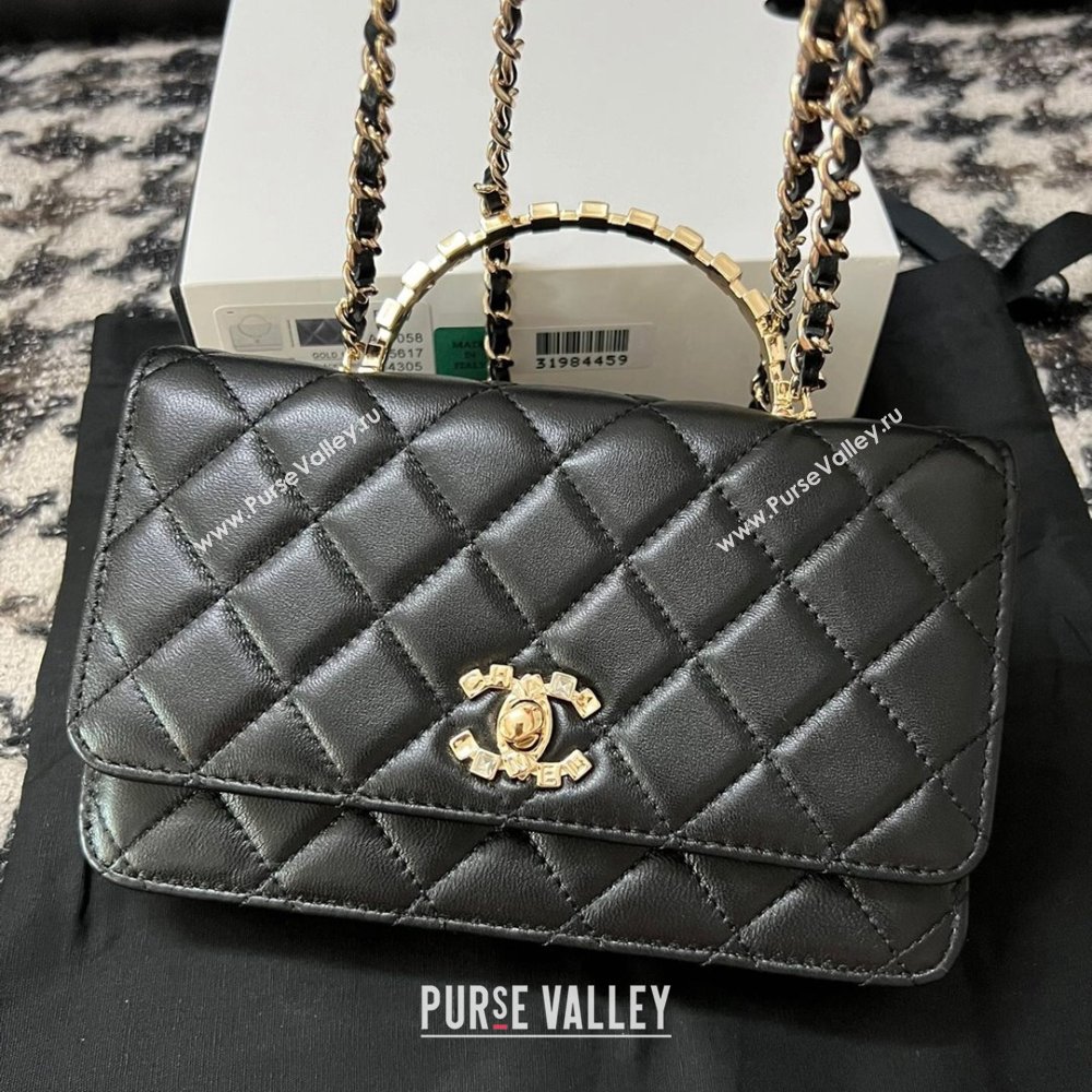 Chanel Quilted Leather Wallet on Chain WOC with Crystals Handle Black 2024 (YEZI-24032206)