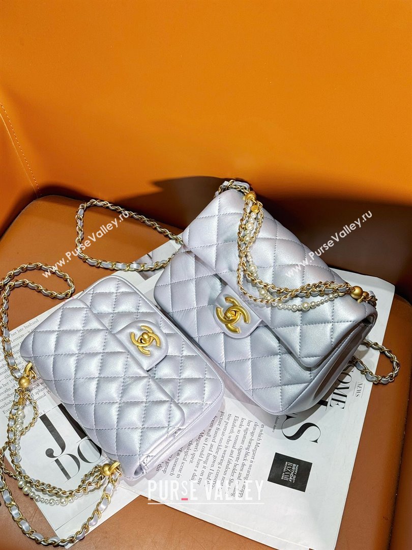 Chanel Shiny Lambskin Mini Flap Bag with Chain and Pearls AS4385 Silver 2024 (YEZI-24032207)