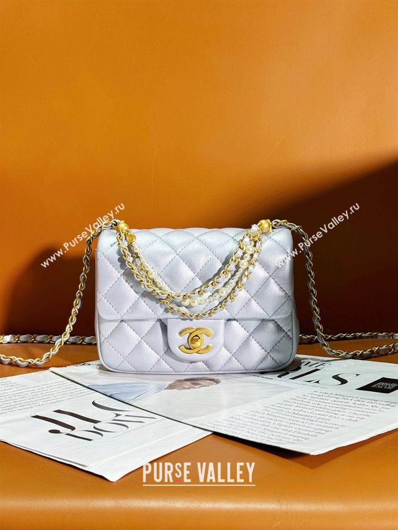 Chanel Shiny Lambskin Mini Flap Bag with Chain and Pearls AS4385 Silver 2024 (YEZI-24032207)