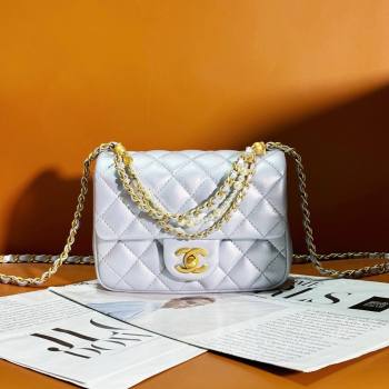 Chanel Shiny Lambskin Mini Flap Bag with Chain and Pearls AS4385 Silver 2024 (YEZI-24032207)