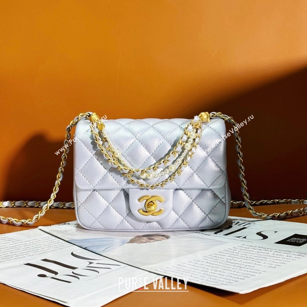 Chanel Shiny Lambskin Mini Flap Bag with Chain and Pearls AS4385 Silver 2024 (YEZI-24032207)