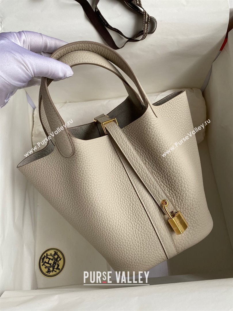 Hermes Picotin Lock Bag 18cm/22cm in Taurillon Clemence Leather Glacier White/Gold 2023 (Handmade) (M-23110711)