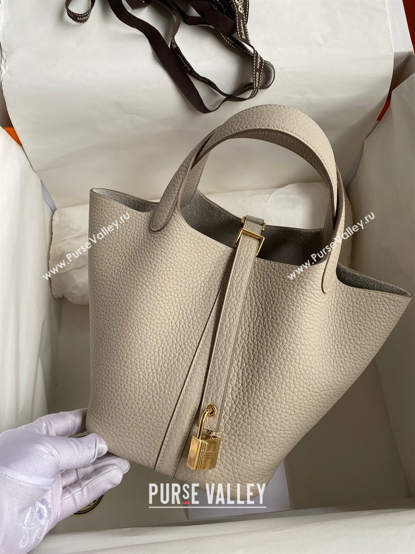 Hermes Picotin Lock Bag 18cm/22cm in Taurillon Clemence Leather Glacier White/Gold 2023 (Handmade) (M-23110711)