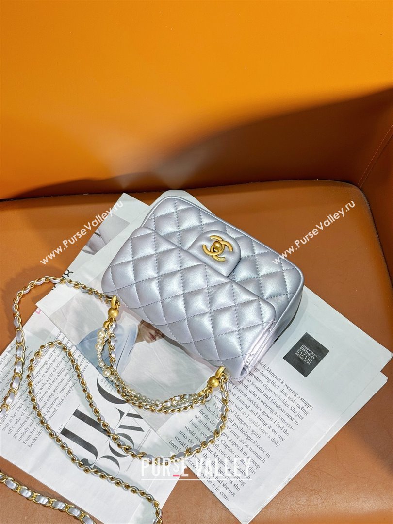 Chanel Shiny Lambskin Mini Flap Bag with Chain and Pearls AS4385 Silver 2024 (YEZI-24032207)