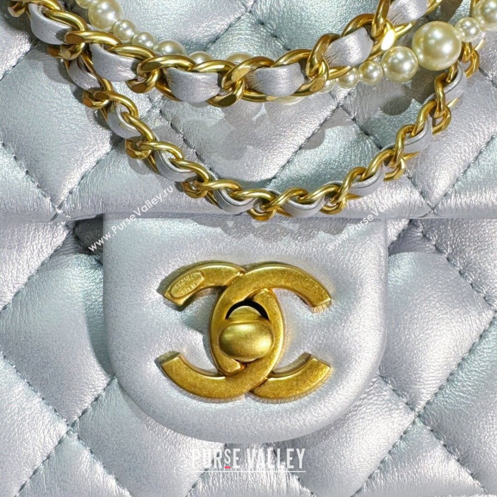 Chanel Shiny Lambskin Mini Flap Bag with Chain and Pearls AS4385 Silver 2024 (YEZI-24032207)