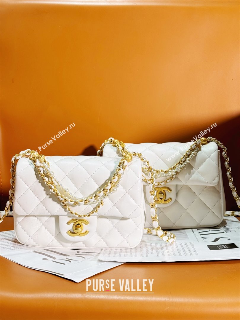 Chanel Shiny Lambskin Mini Flap Bag with Chain and Pearls AS4385 White 2024 (YEZI-24032209)