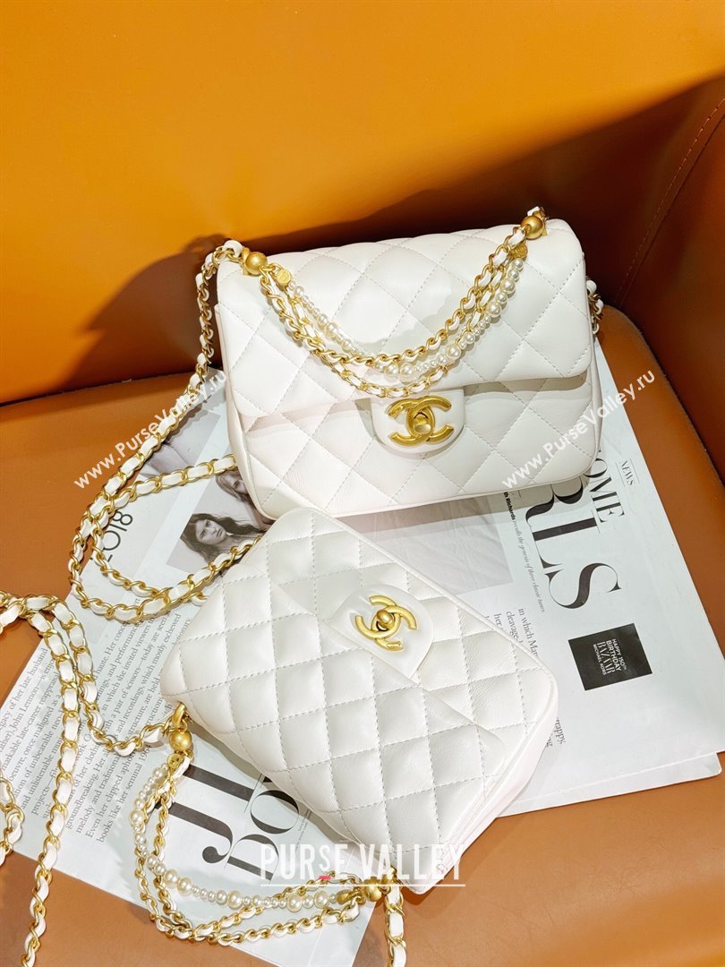 Chanel Shiny Lambskin Mini Flap Bag with Chain and Pearls AS4385 White 2024 (YEZI-24032209)