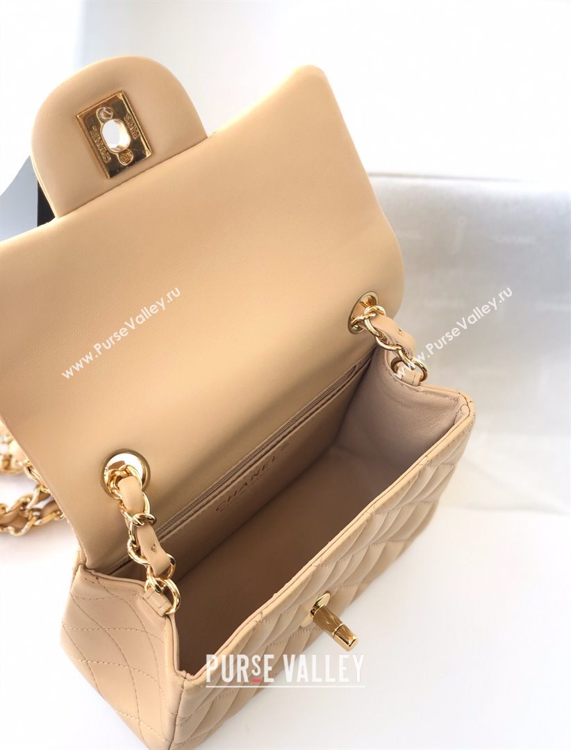 Chanel Lambskin Mini Square Classic Flap Bag A01115 Beige/Gold 2024 (YUND-24070216)