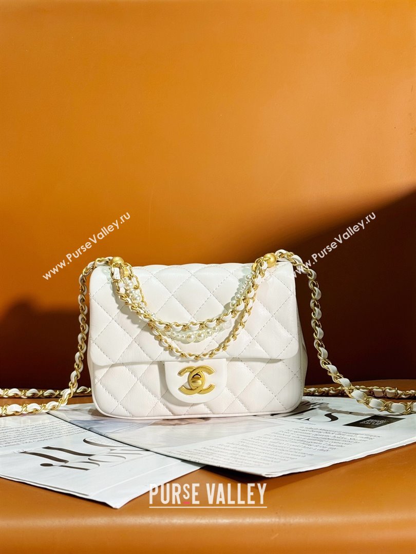 Chanel Shiny Lambskin Mini Flap Bag with Chain and Pearls AS4385 White 2024 (YEZI-24032209)