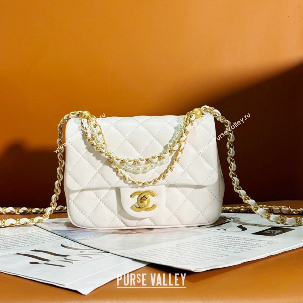 Chanel Shiny Lambskin Mini Flap Bag with Chain and Pearls AS4385 White 2024 (YEZI-24032209)