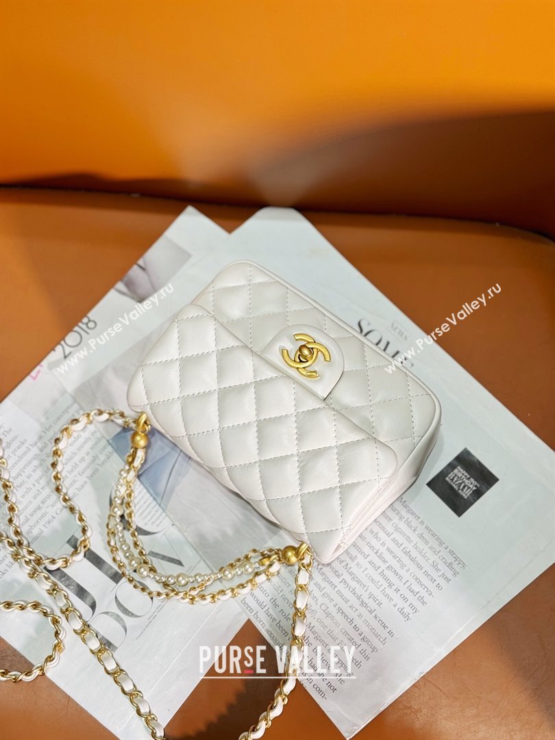 Chanel Shiny Lambskin Mini Flap Bag with Chain and Pearls AS4385 White 2024 (YEZI-24032209)