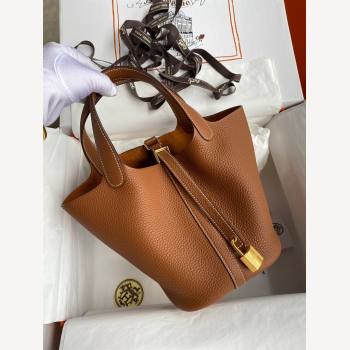 Hermes Picotin Lock Bag 18cm/22cm in Taurillon Clemence Leather Brown/Gold 2023 (Handmade) (M-23110720)