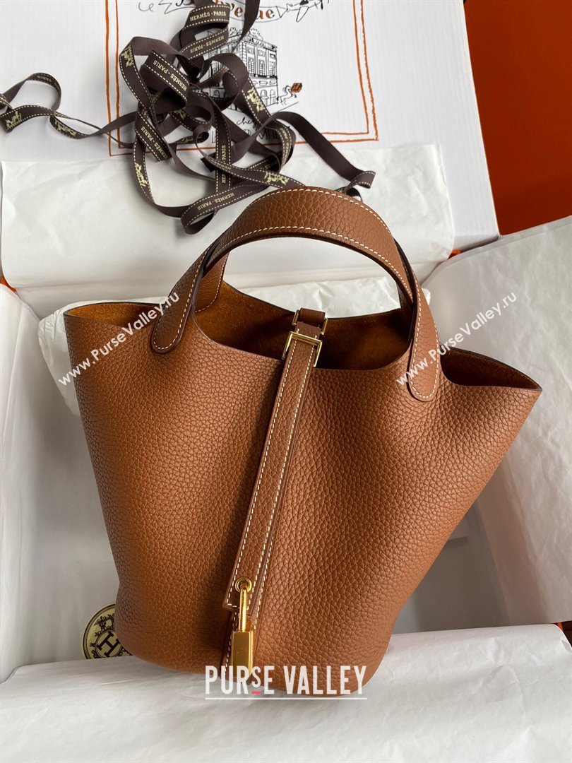 Hermes Picotin Lock Bag 18cm/22cm in Taurillon Clemence Leather Brown/Gold 2023 (Handmade) (M-23110720)