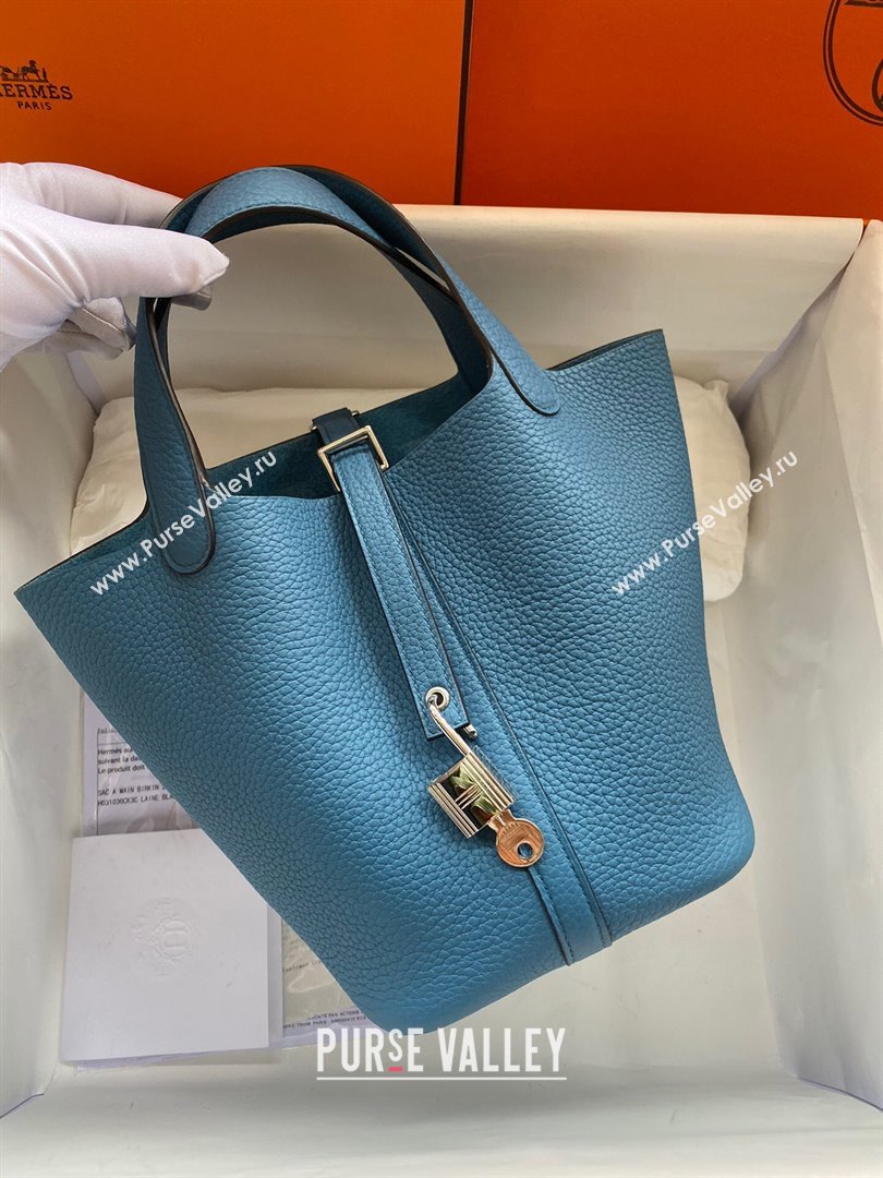 Hermes Picotin Lock Bag 18cm/22cm in Taurillon Clemence Leather Denim Blue/Silver 2023 (Handmade) (M-23110719)