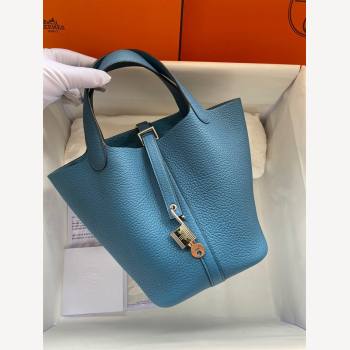 Hermes Picotin Lock Bag 18cm/22cm in Taurillon Clemence Leather Denim Blue/Silver 2023 (Handmade) (M-23110719)