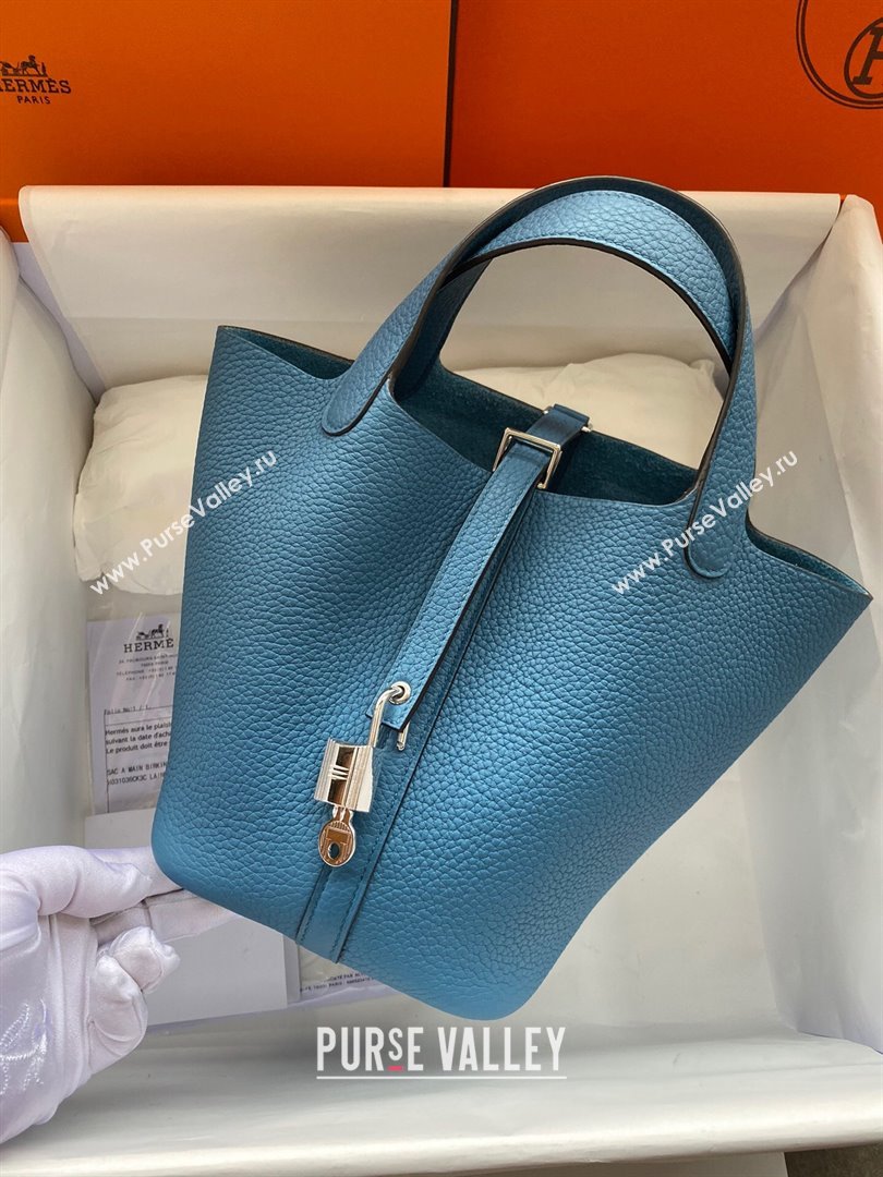 Hermes Picotin Lock Bag 18cm/22cm in Taurillon Clemence Leather Denim Blue/Silver 2023 (Handmade) (M-23110719)