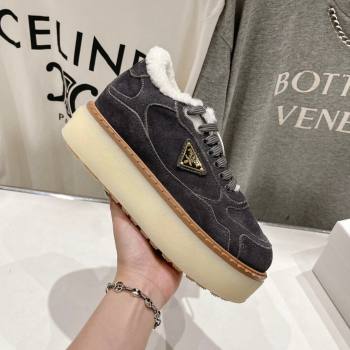 Prada Suede Mid-top Sneakers with Shearling Lining 1T725N Grey 2024 (MD-24101409)