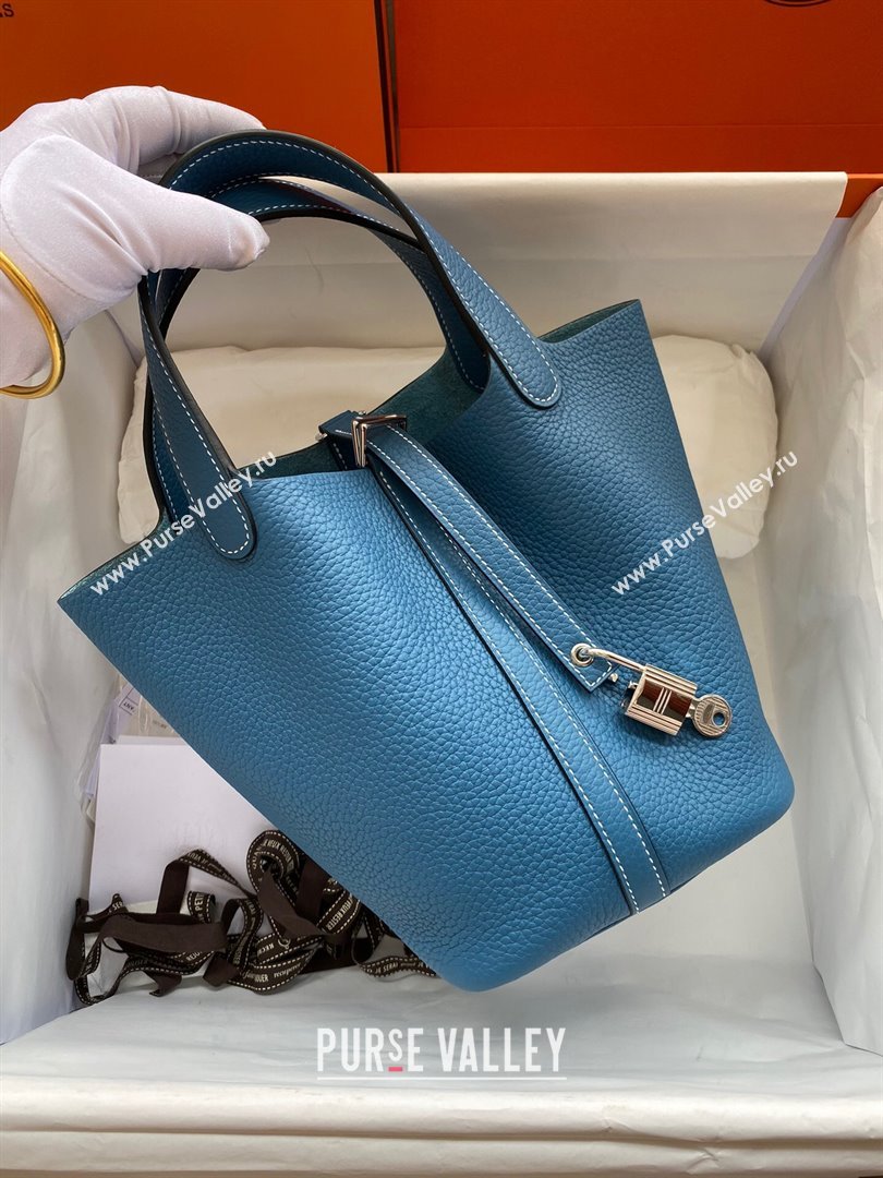 Hermes Picotin Lock Bag 18cm/22cm in Taurillon Clemence Leather Denim Blue/White/Silver 2023 (Handmade) (M23110721)