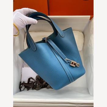 Hermes Picotin Lock Bag 18cm/22cm in Taurillon Clemence Leather Denim Blue/White/Silver 2023 (Handmade) (M23110721)