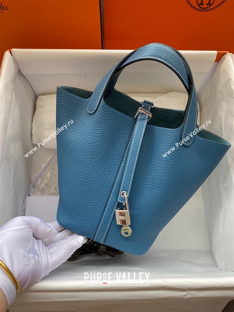 Hermes Picotin Lock Bag 18cm/22cm in Taurillon Clemence Leather Denim Blue/White/Silver 2023 (Handmade) (M23110721)