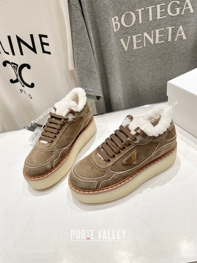 Prada Suede Mid-top Sneakers with Shearling Lining 1T725N Light Brown 2024 (MD-24101410)