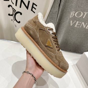 Prada Suede Mid-top Sneakers with Shearling Lining 1T725N Light Brown 2024 (MD-24101410)