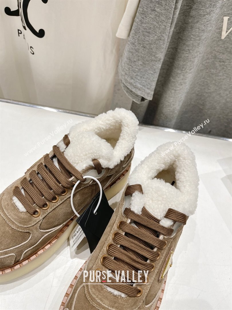 Prada Suede Mid-top Sneakers with Shearling Lining 1T725N Light Brown 2024 (MD-24101410)