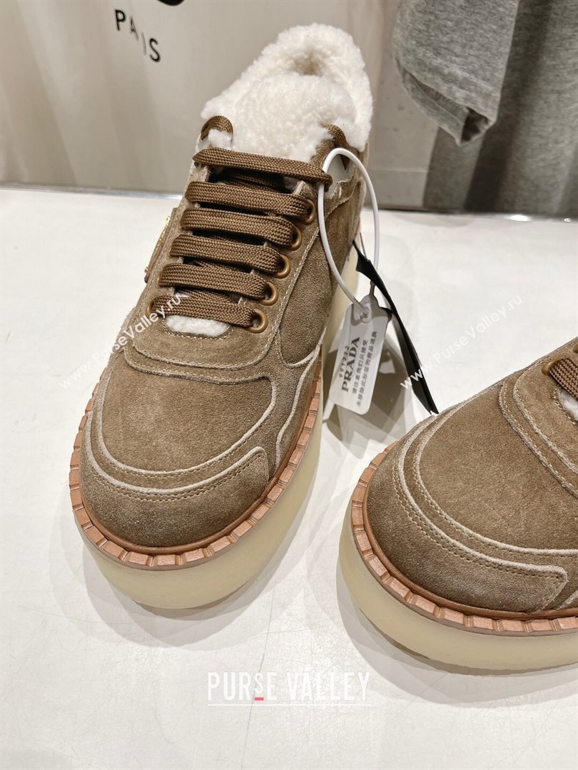 Prada Suede Mid-top Sneakers with Shearling Lining 1T725N Light Brown 2024 (MD-24101410)