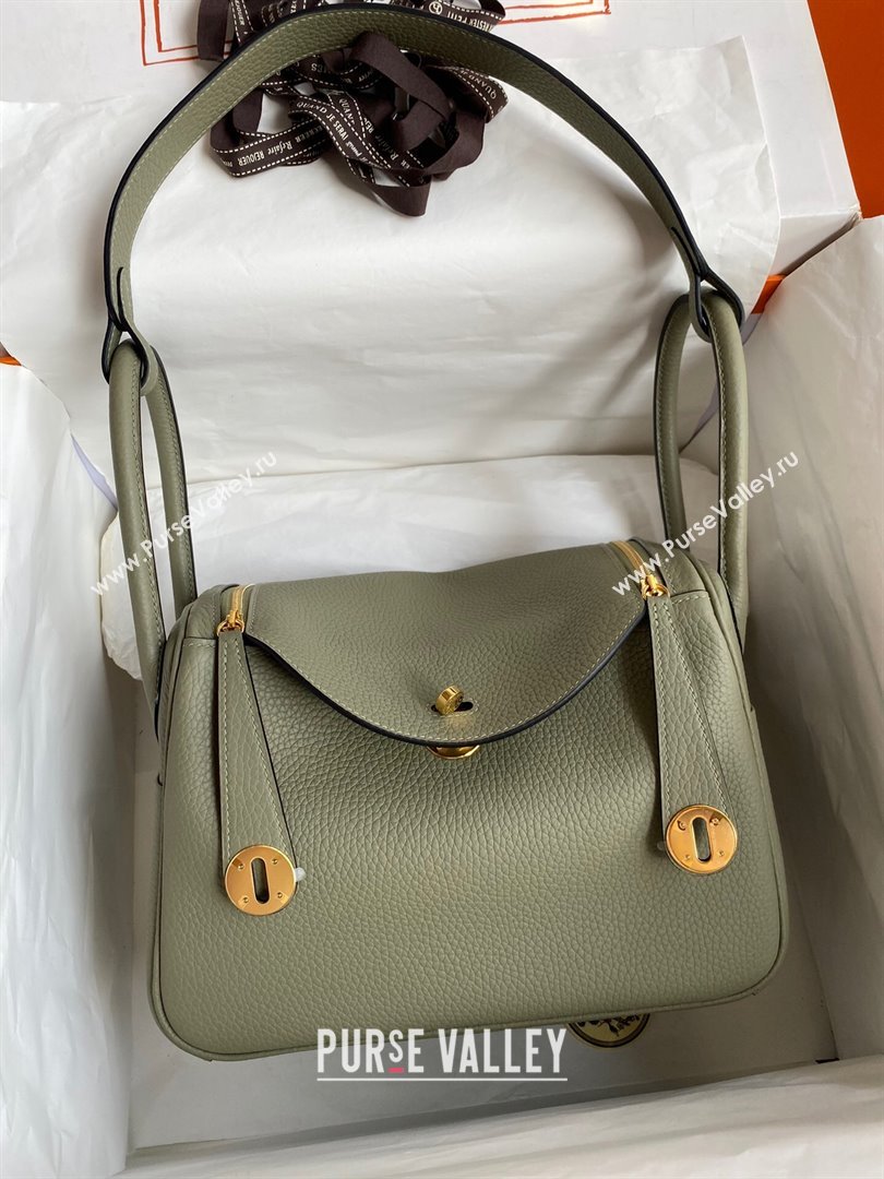 Hermes Lindy 26/30 Bag in Original Taurillon Clemence Leather Sage Green/Gold 2024(Full Handmade) (XYA-24051515)