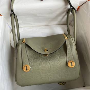 Hermes Lindy 26/30 Bag in Original Taurillon Clemence Leather Sage Green/Gold 2024(Full Handmade) (XYA-24051515)