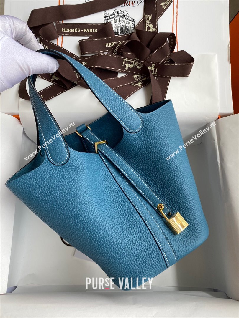 Hermes Picotin Lock Bag 18cm/22cm in Taurillon Clemence Leather Denim Blue/White/Gold 2023 (Handmade) (M-23110722)