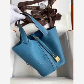 Hermes Picotin Lock Bag 18cm/22cm in Taurillon Clemence Leather Denim Blue/White/Gold 2023 (Handmade) (M-23110722)