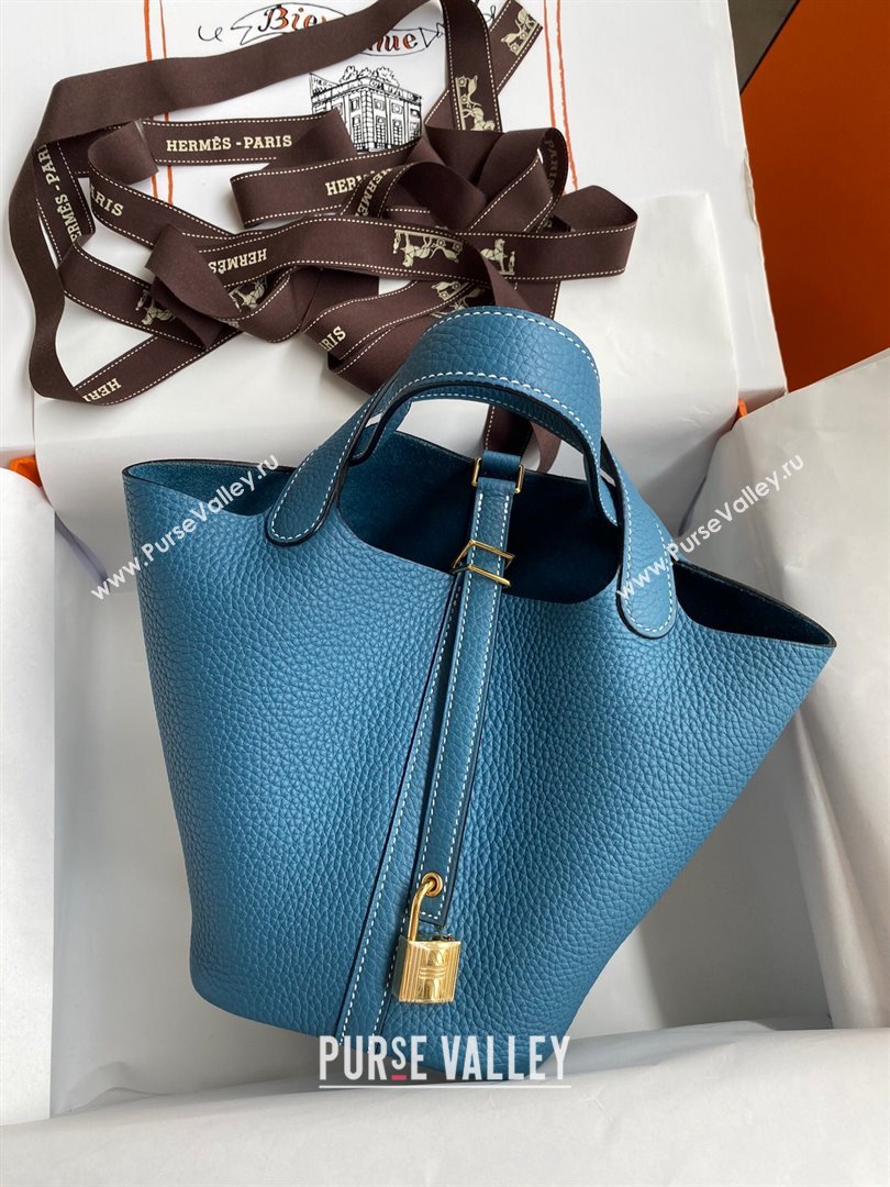 Hermes Picotin Lock Bag 18cm/22cm in Taurillon Clemence Leather Denim Blue/White/Gold 2023 (Handmade) (M-23110722)