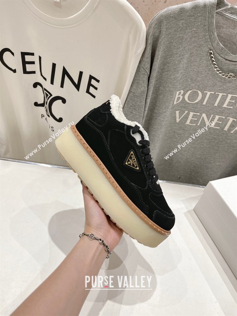 Prada Suede Mid-top Sneakers with Shearling Lining 1T725N Black 2024 (MD-24101411)