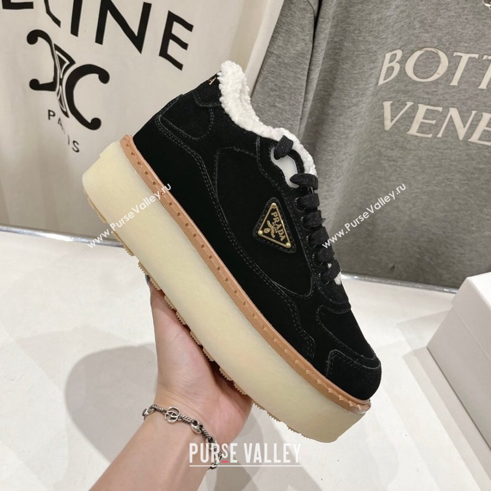 Prada Suede Mid-top Sneakers with Shearling Lining 1T725N Black 2024 (MD-24101411)