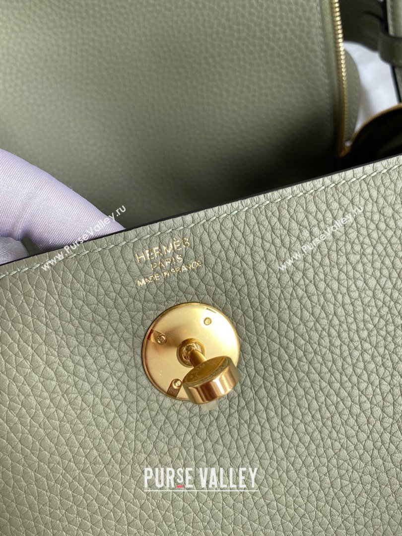 Hermes Lindy 26/30 Bag in Original Taurillon Clemence Leather Sage Green/Gold 2024(Full Handmade) (XYA-24051515)
