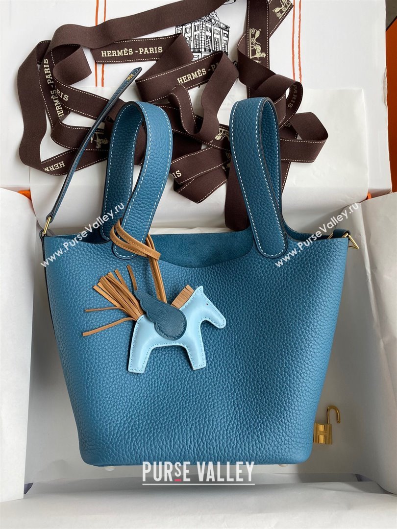 Hermes Picotin Lock Bag 18cm/22cm in Taurillon Clemence Leather Denim Blue/White/Gold 2023 (Handmade) (M-23110722)