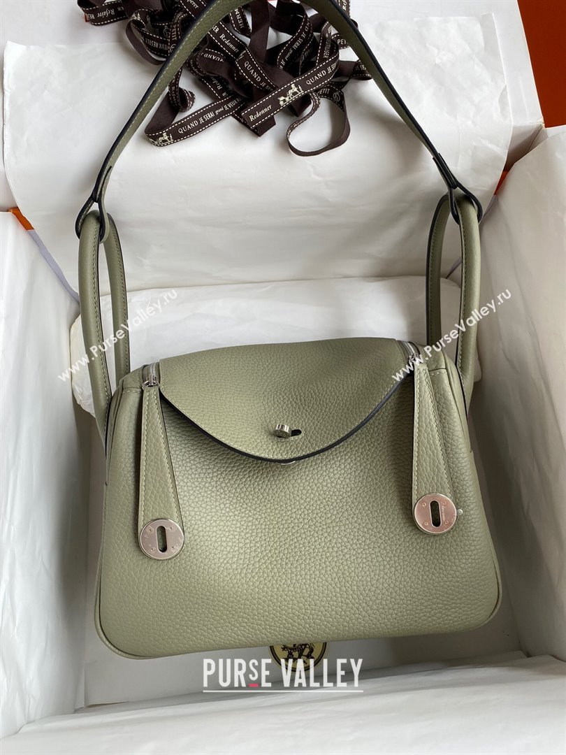 Hermes Lindy 26/30 Bag in Original Taurillon Clemence Leather Sage Green/Silver 2024(Full Handmade) (XYA-24051516)