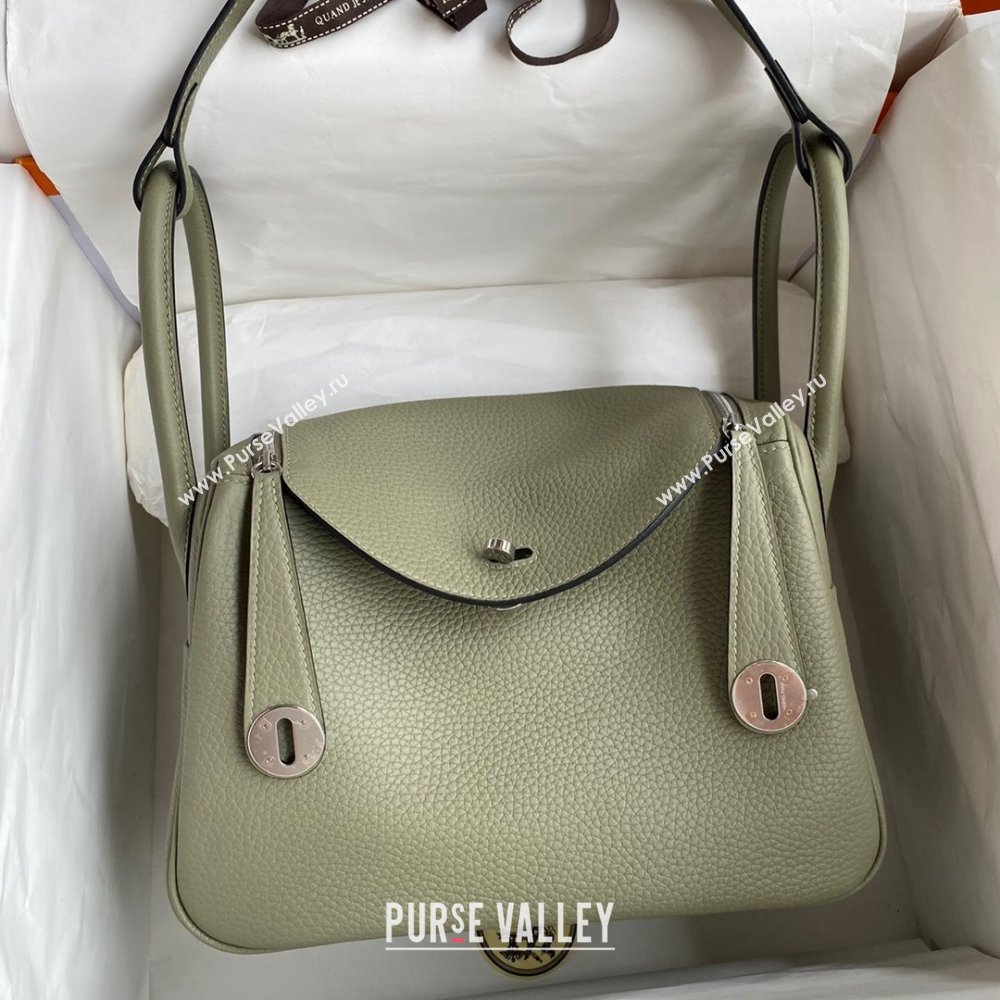 Hermes Lindy 26/30 Bag in Original Taurillon Clemence Leather Sage Green/Silver 2024(Full Handmade) (XYA-24051516)