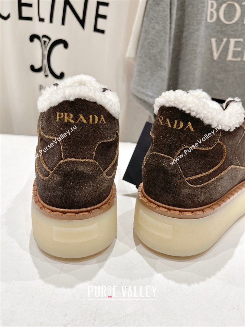 Prada Suede Mid-top Sneakers with Shearling Lining 1T725N Dark Brown 2024 (MD-24101412)